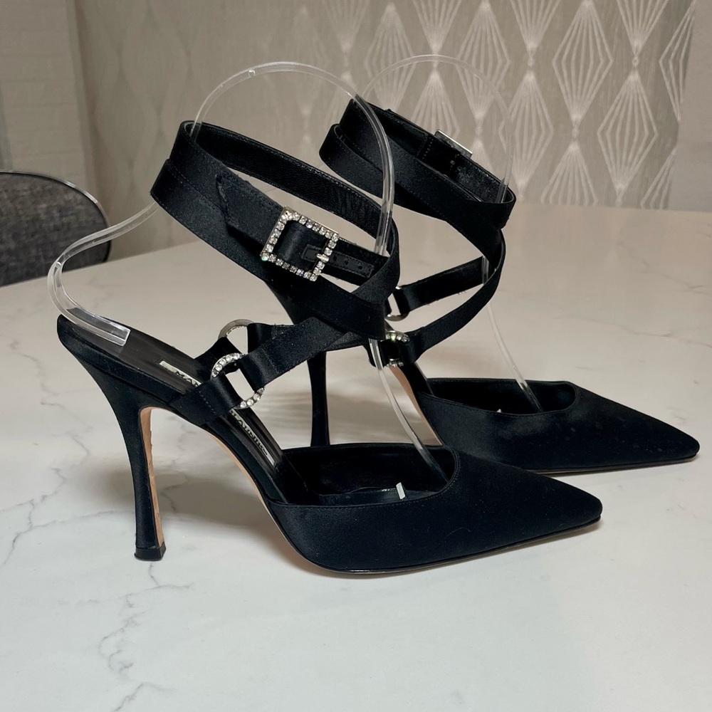 Manolo Blahnik Satin Strappy Black Evening Heels